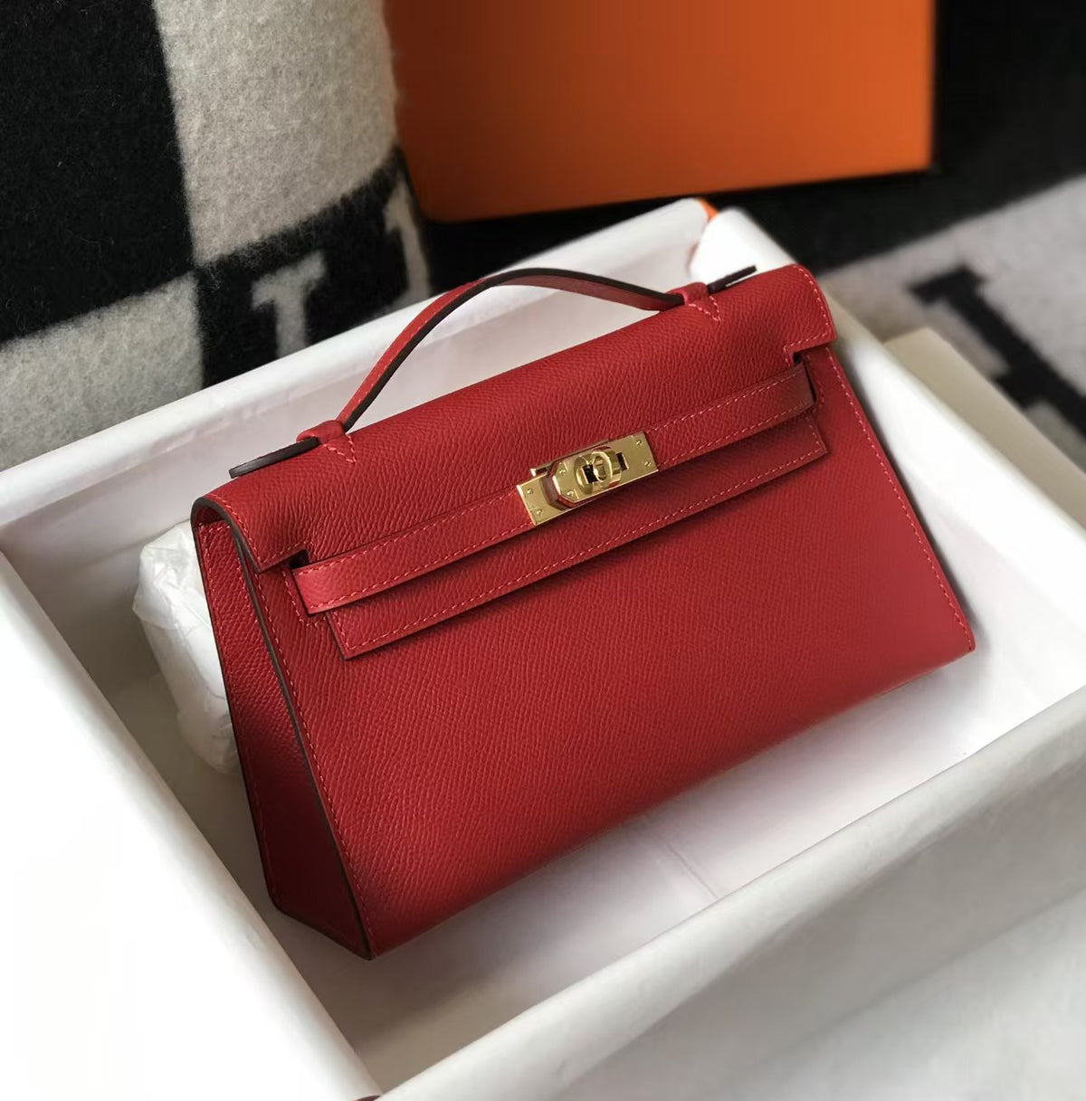 Genuine Top Layer Epsom Palm Texture Cowhide Kelly-Style 22cm Bag for Women, Trendy Street Style Small Square Top Handle Purse, Fashionable Handbag for Ladies