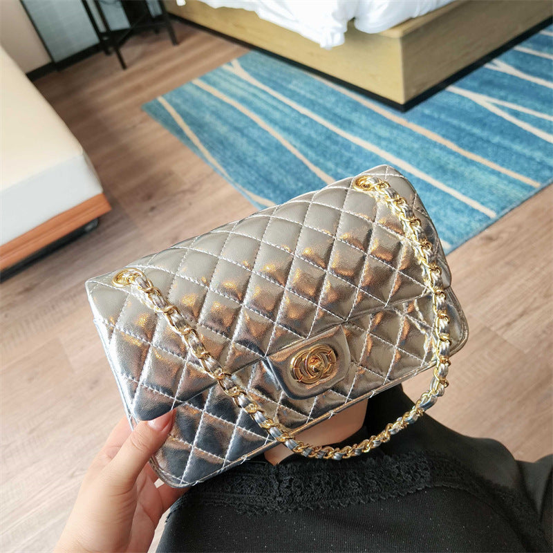 Genuine Lambskin Leather Diamond Quilted Chain Handbag for Women, New Arrival Fashionable Lock Buckle Shoulder Crossbody Purse, Premium Chic Bag for Ladies