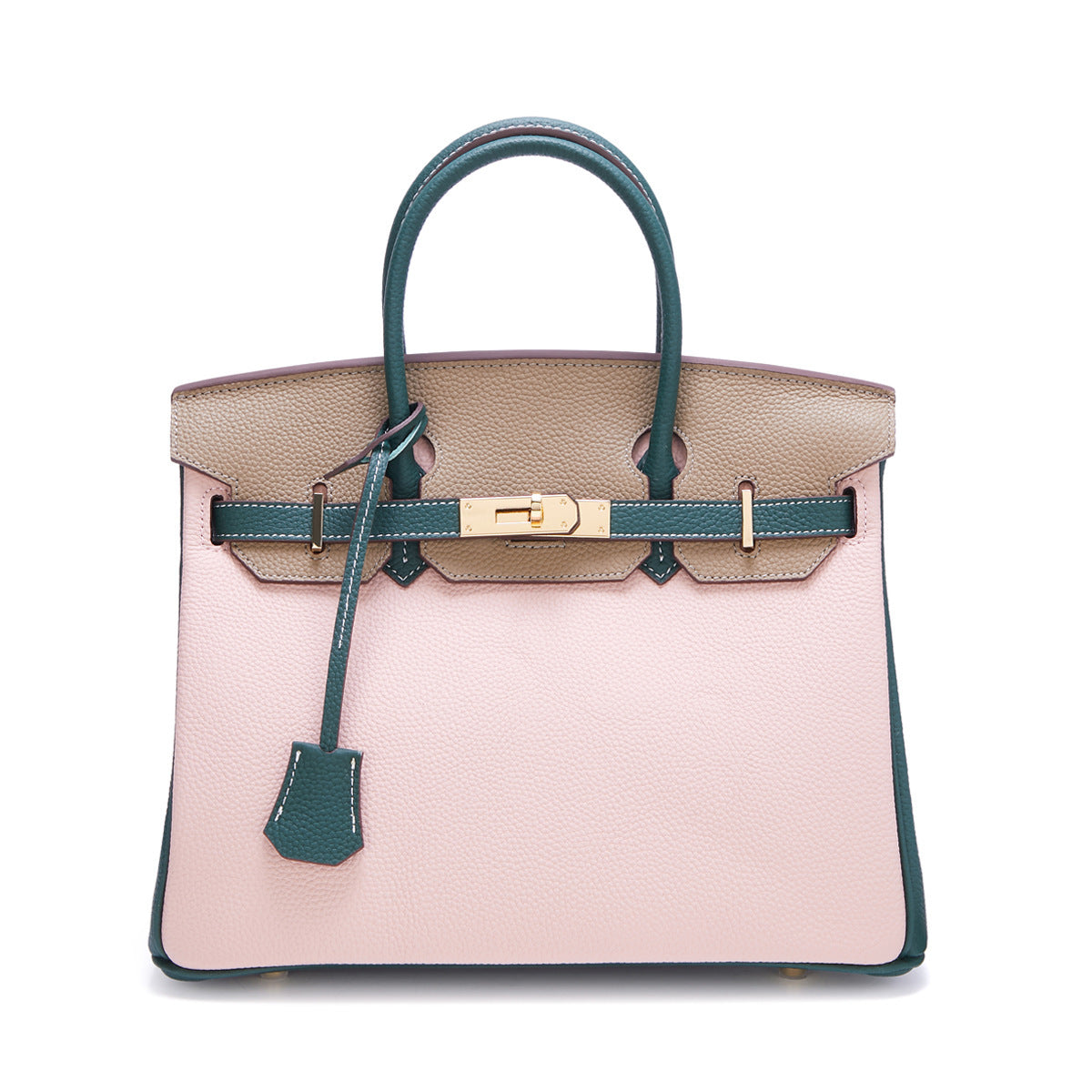 Genuine Leather Two-Tone Tote Shoulder Crossbody Bag, Large Lychee Grain Platinum-Style Contrast Color Handbag, Top-Layer Cowhide Purse for Women
