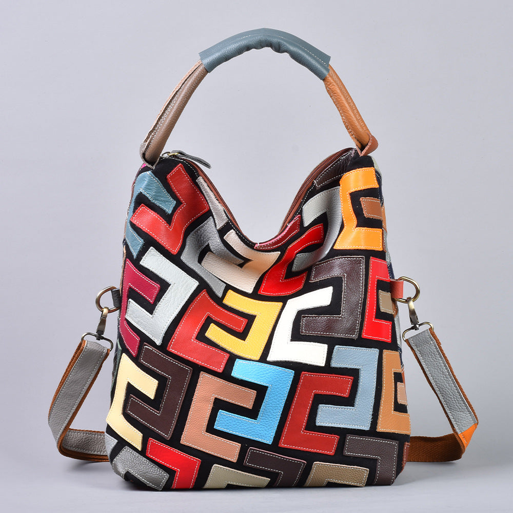 Genuine Leather Geometric Pattern Tote Bag for Women, Large Capacity Top Handle Crossbody Shoulder Purse, Handmade Cowhide Handbag for Ladies