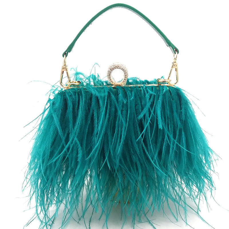 Genuine Ostrich Feather Evening Bag for Women, Fashionable Chain Shoulder Purse, Trendy Clutch Handbag for Parties and Weddings