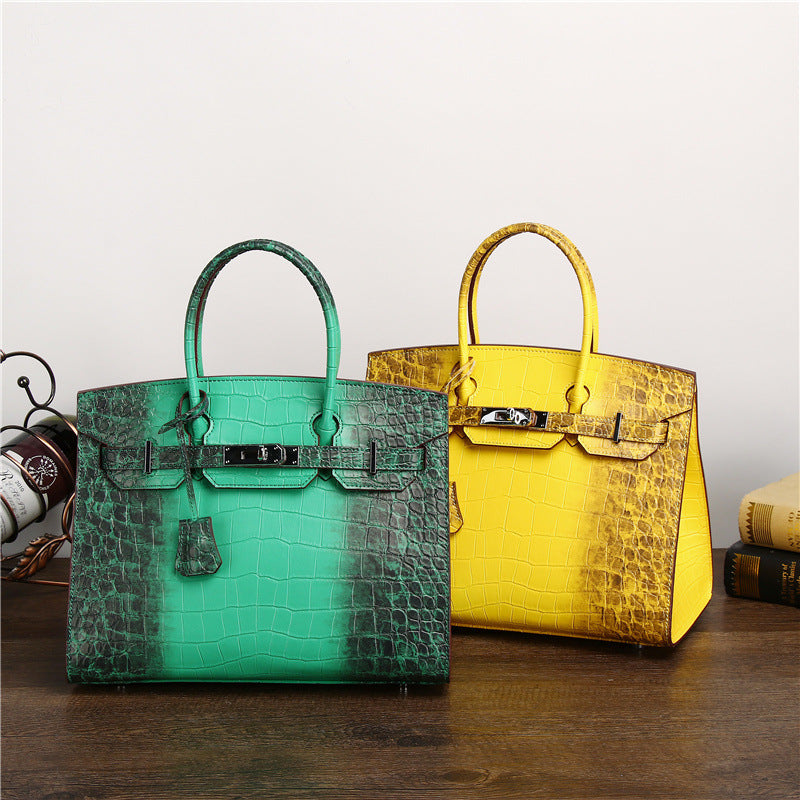 Premium Croc-Effect Birkin-Inspired Tote Bag for Women, Genuine Leather Large Capacity Color-Blocked Business Handbag with Versatile Shoulder Crossbody Carry