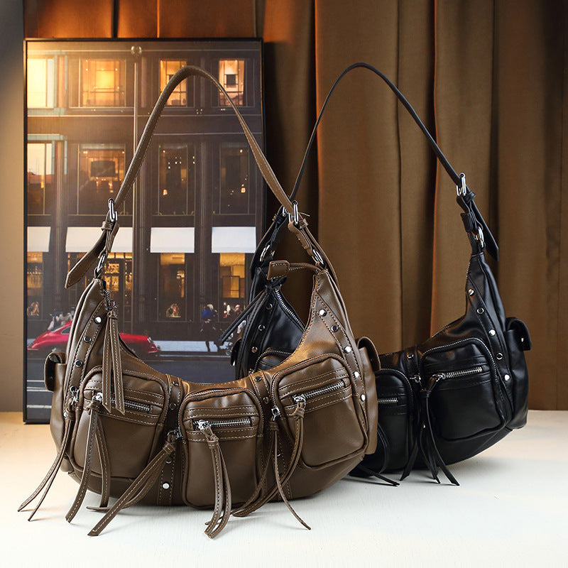 Studded Biker Tote Bag for Women Underarm Shoulder Handbag with Multi-Pockets, Vintage Trendy Design with Edgy Hardware Accents