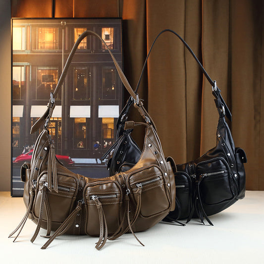 Studded Biker Tote Bag for Women Underarm Shoulder Handbag with Multi-Pockets, Vintage Trendy Design with Edgy Hardware Accents