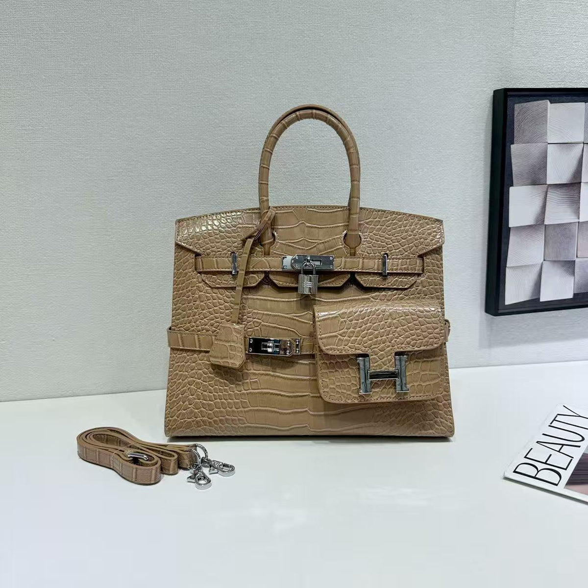 Chic Croc-Embossed Birkin-Inspired Tote Bag for Women, Premium Genuine Leather Large Capacity Top-Handle Crossbody Shoulder Handbag with Light Luxury Style, Everyday Purse