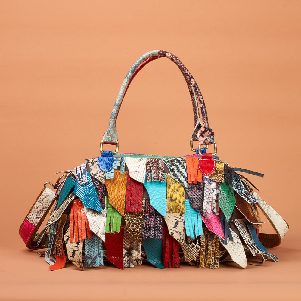 Genuine Leather Snakeskin Color Block Tassel Handbag for Women, Unique Designer Crossbody Shoulder Bag, Top Handle Purse with Fringe Detail