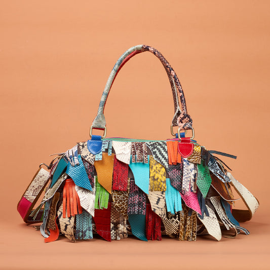 Genuine Leather Snakeskin Color Block Tassel Handbag for Women, Unique Designer Crossbody Shoulder Bag, Top Handle Purse with Fringe Detail