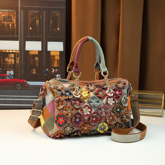 Genuine Leather Color-Block Pillow Bag for Women Vintage Floral Patchwork Large Capacity Top Handle Shoulder Handbag with Unique Contrast Design