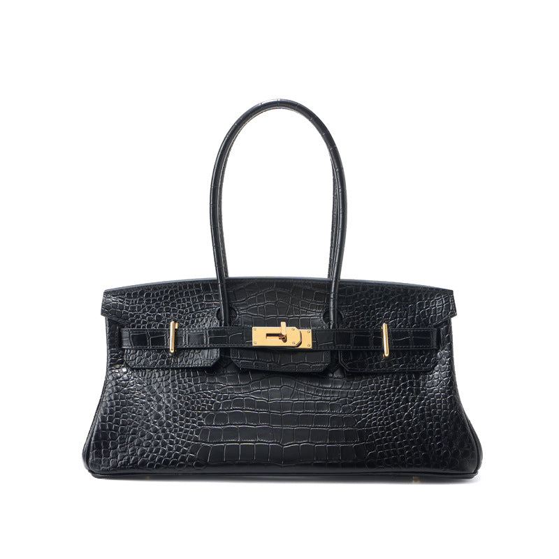 Chic Croc-Embossed Birkin-Inspired Horizontal Tote Bag for Women, Premium Top-Layer Cowhide Large Capacity Underarm Shoulder Handbag with Unique Boutique Style