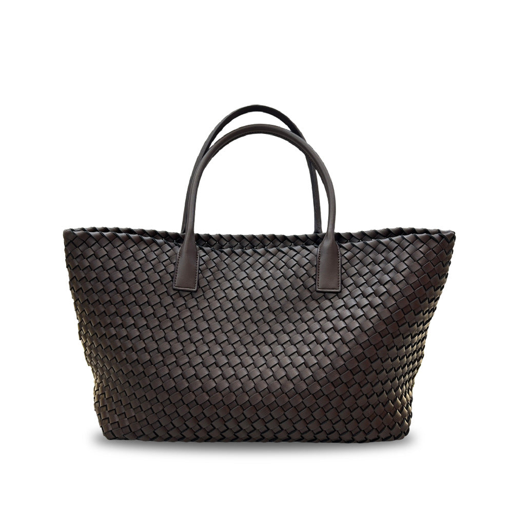 Leather woven vegetable basket cowhide tote large capacity underarm hand bag female