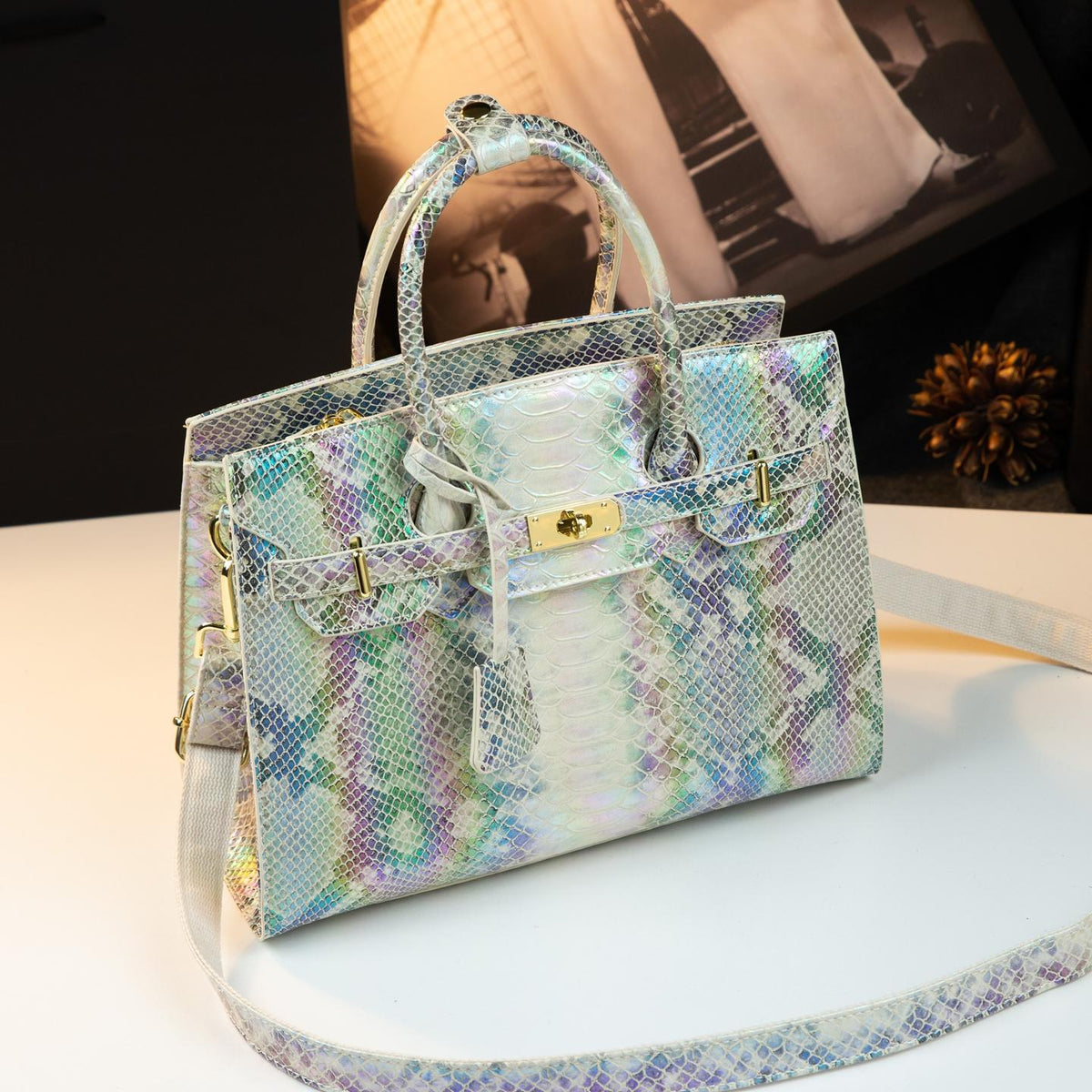 New Arrival Python-Embossed Birkin-Inspired Tote Bag for Women, Premium Genuine Leather Large Capacity Top-Handle Handbag with Luxurious Design, Trendy Everyday Purse
