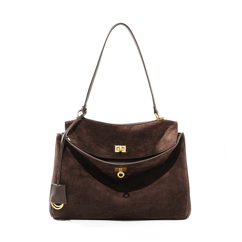 Genuine Suede Matte Cowhide Rodeo Tote Bag for Women, Structured Underarm Shoulder Purse, Large Capacity Premium Commute Handbag for Ladies