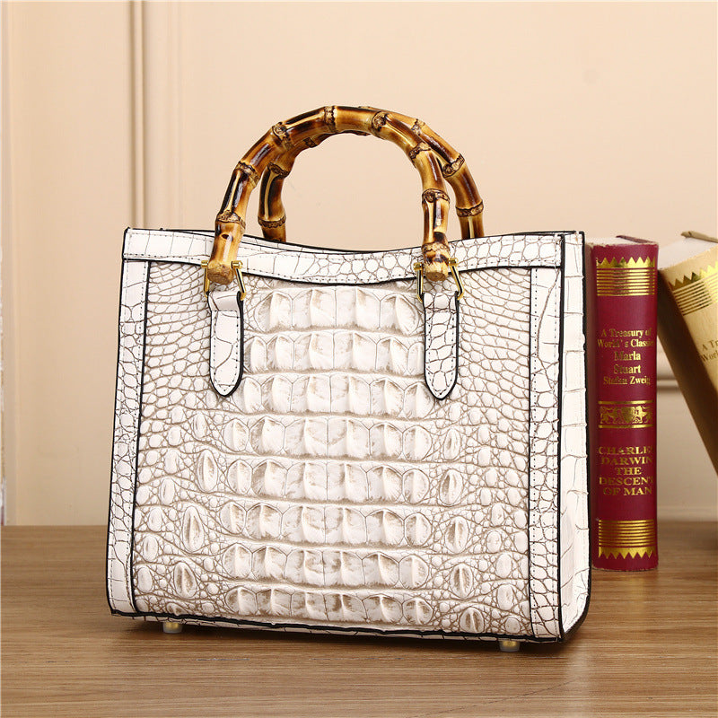 New Arrival Genuine Leather Bamboo Handle Bag for Women, A Large Capacity Shoulder Crossbody Handbag with Himalayan White Croc-Effect Finish, Perfect for Banquets & Everyday Style