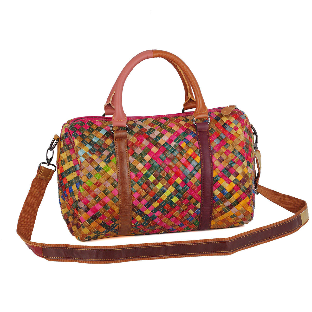 Colorful Color Block Woven Genuine Leather Bag, Ethnic Trendy Shoulder Crossbody Top Handle Purse, Casual Handbag for Women