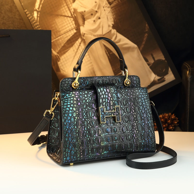 New Arrival Large Capacity Croc-Effect Genuine Leather Bag for Women, A Multi-Layer Top-Handle Crossbody Shoulder Handbag with Fashionable Design