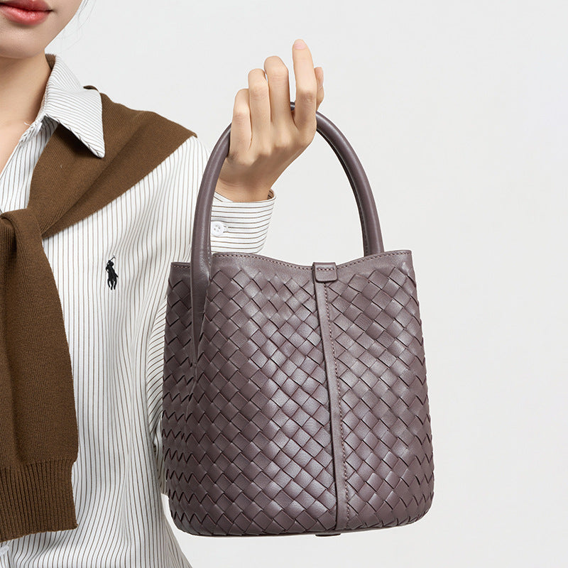 Handwoven Solid Color Mother-Child Bucket Bag, Trendy Casual Shoulder Crossbody Purse, Versatile Handbag for Women