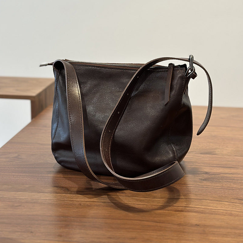 Genuine Vegetable-Tanned Cowhide Bucket Bag for Women, New Casual Shoulder Crossbody Purse, Premium Leather Handbag for Ladies