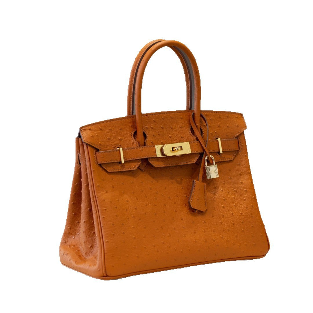 Top Layer Cowhide Ostrich-Embossed Birkin-Style Bag for Women, Large Capacity Business Casual Top Handle Handbag, Premium Leather Purse for Ladies