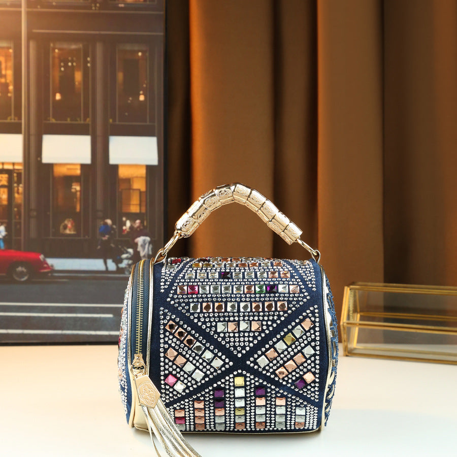 New Spring/Summer Colorful Rhinestone Cylinder Bag for Women, A Spring/Summer American Style Woven Shoulder Crossbody Handbag with Sparkly Design