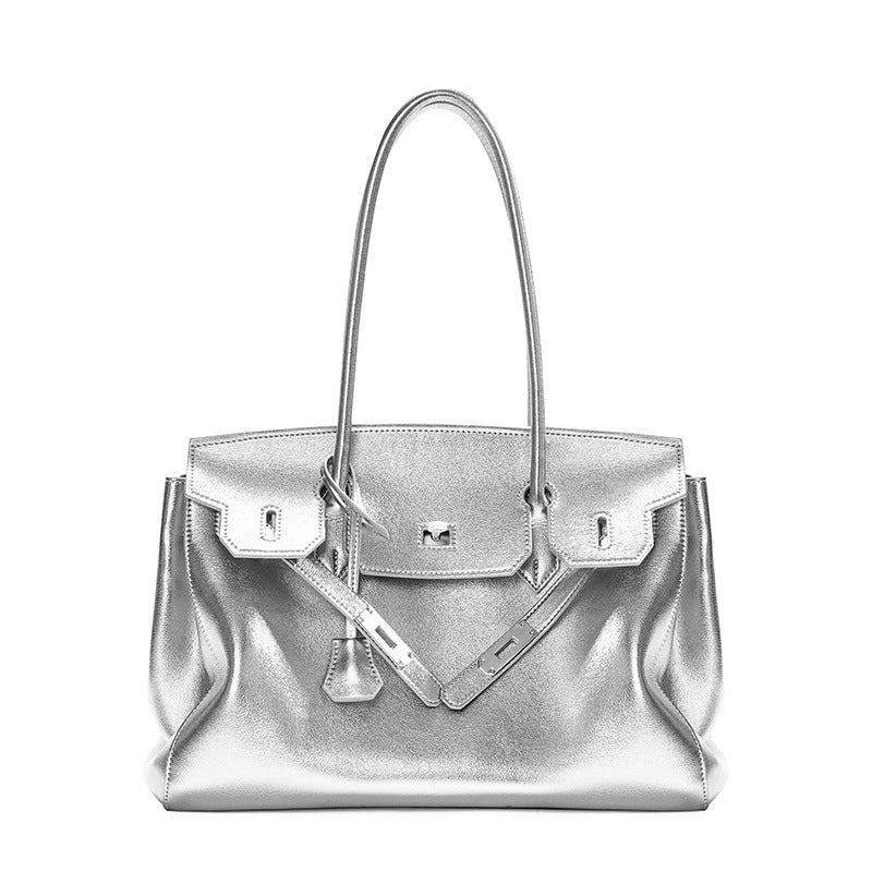 Genuine Cowhide Birkin-Style Tote Bag for Women, Niche Minimalist Design Large Capacity Top Handle Shoulder Purse, Premium Handbag for Ladies