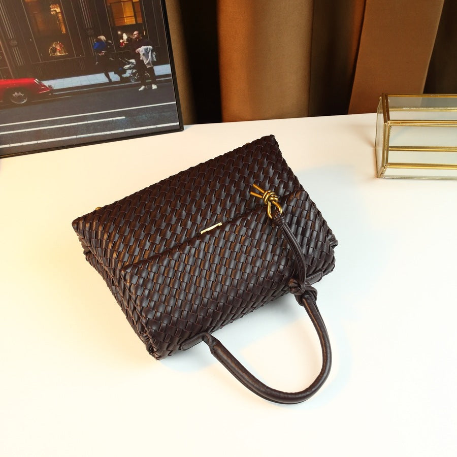 Handwoven Commuter Briefcase Bag for Women Minimalist Large Capacity Shoulder Handbag, Niche Versatile Purse with Artisan Woven Texture