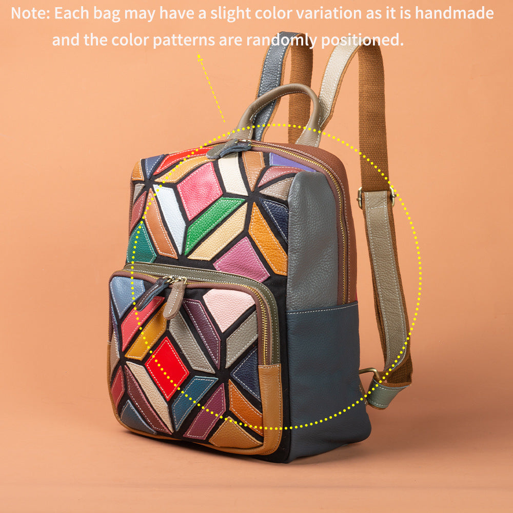 Genuine Leather Colorful Bohemian Geometric Color Block Backpack for Women, New Arrival Casual Trendy Daypack, Boho Travel Shoulder Bag for Ladies