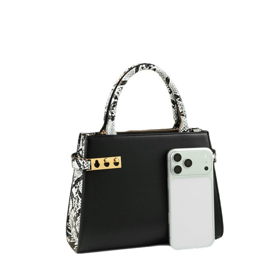 Snakeskin Mini Boston Bag for Women Vintage Lock Clasp Top Handle Shoulder Crossbody Purse, Trendy Exotic Texture Handbag with Creative Clasp Design