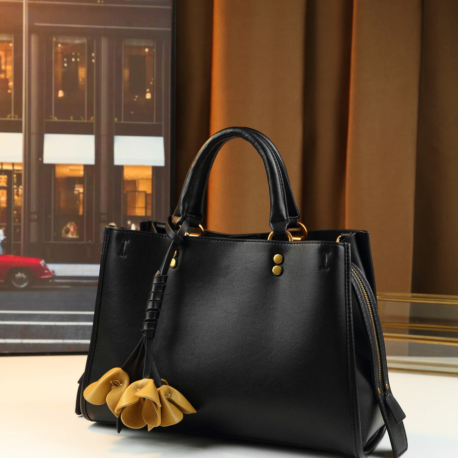 Classic Vintage Tote Bag with 3D Flower Charm and Metal Studs, Large Capacity Shoulder Handbag for Work Commute & Everyday Style
