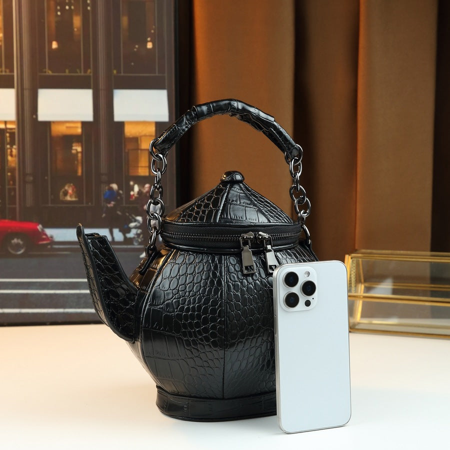 New Arrival Quirky Teapot-Shaped Croc-Effect Bag for Women, A Creative Chinese Style Novelty Shoulder Crossbody Handbag with Unique Fun Design