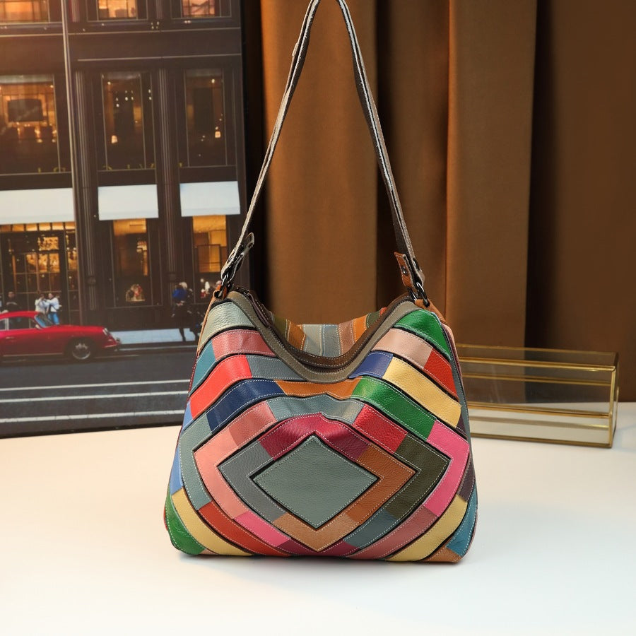 Geometric Grid Genuine Leather Patchwork Tote Bag for Women Colorful Shoulder Crossbody Handbag, Trendy Korean Style with Ethnic Boho Design