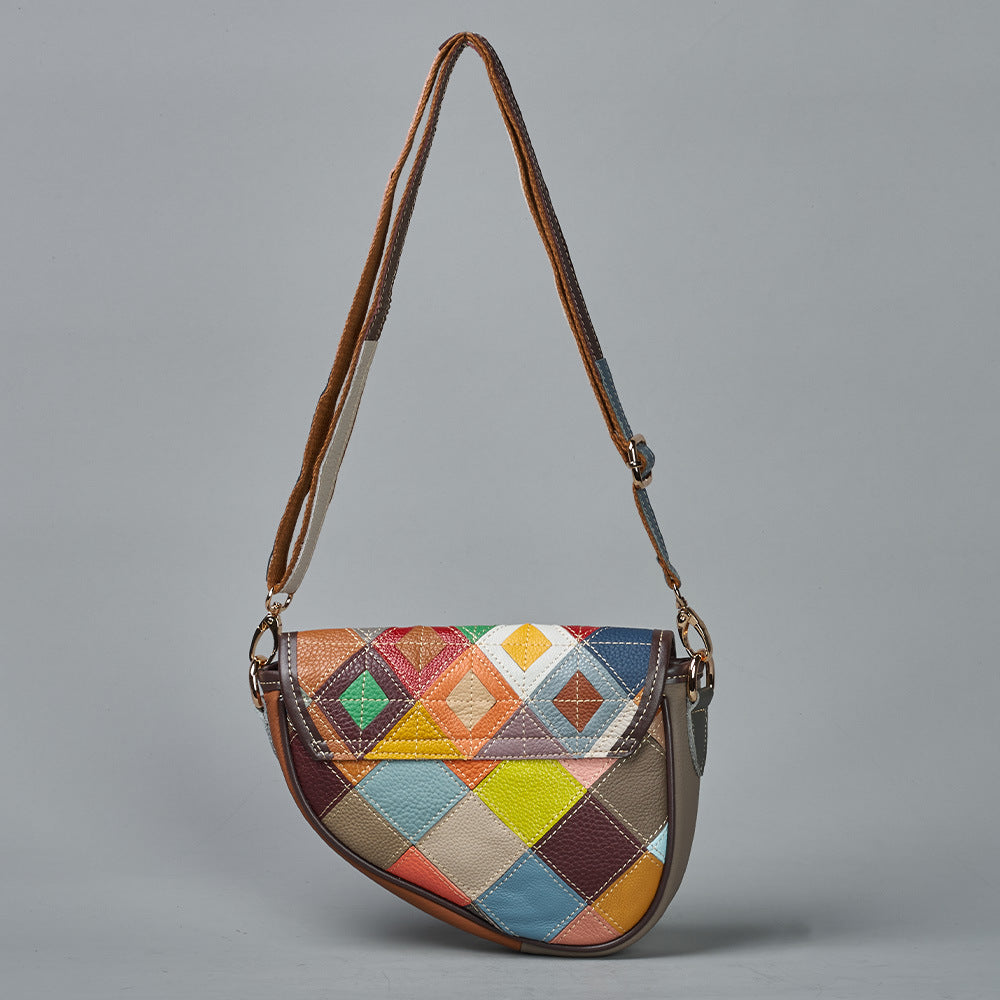 Genuine Cowhide Color Block Diamond Quilted Handbag for Women, Handmade Small Crossbody Shoulder Purse, Trendy Casual Bag for Ladies