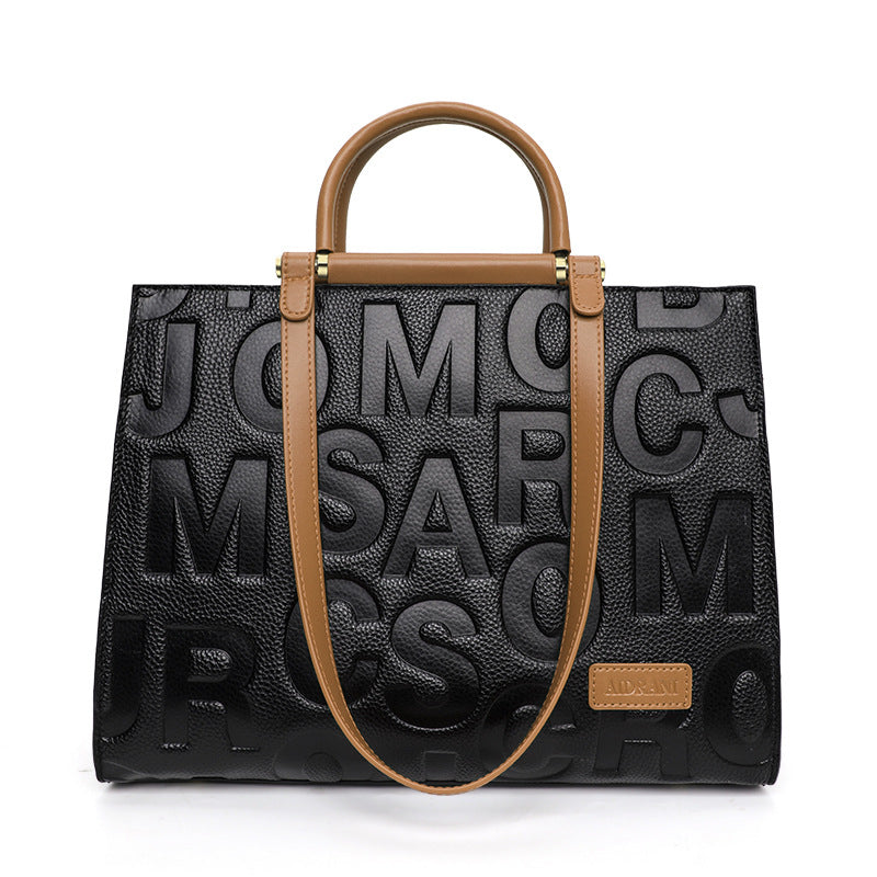 New Letter Tote Bag in Top Layer Cowhide, Large Capacity Commute Shoulder Crossbody Top Handle Purse, Stylish Handbag for Women