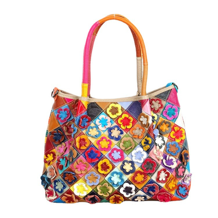 Genuine Leather Bohemian Floral Color Block Woven Tote Bag for Women, Designer Casual Shoulder Crossbody Handbag, Trendy Boho Purse for Ladies