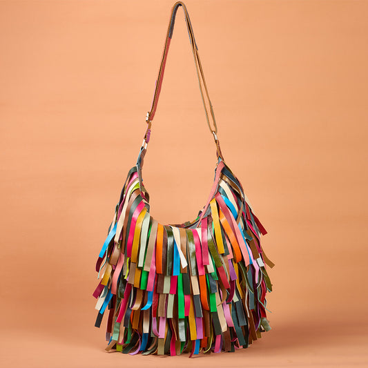 New Bohemian Vintage Tassel Color Block Hobo Bag in Genuine Cowhide, Large Capacity Shoulder Crossbody Purse, Stylish Handbag for Women