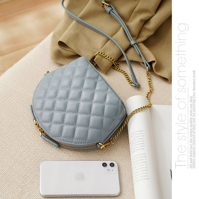 New Chanel-Style Quilted Chain Shell Mini Bag, Top Layer Cowhide Crossbody Purse, Trendy Handbag for Women