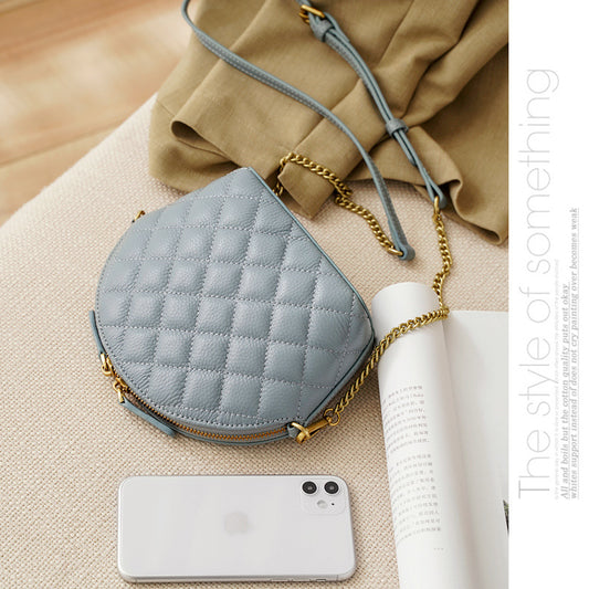 New Chanel-Style Quilted Chain Shell Mini Bag, Top Layer Cowhide Crossbody Purse, Trendy Handbag for Women