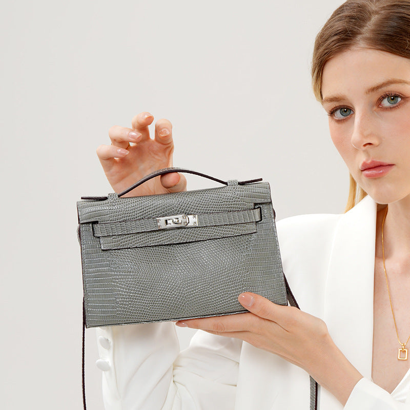 Lizard-Embossed Kelly-Style 22cm Bag in Genuine Leather, New Versatile Shoulder Crossbody Purse, Fashionable Handbag for Women