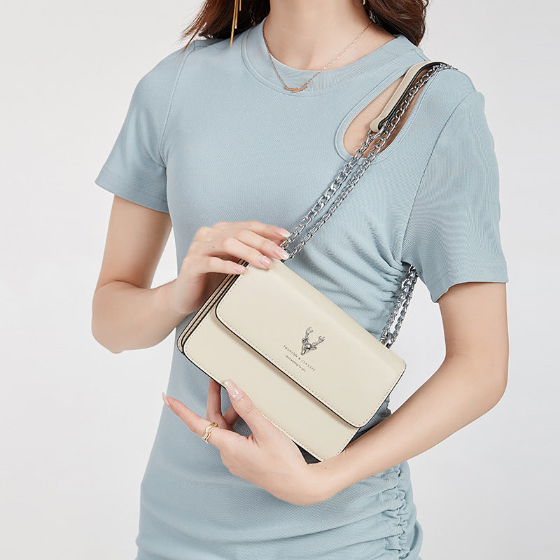 Genuine Leather Deer Head Design Small Square Crossbody Bag for Women, New Summer Chain Shoulder Purse, Versatile Fashion Handbag for Ladies