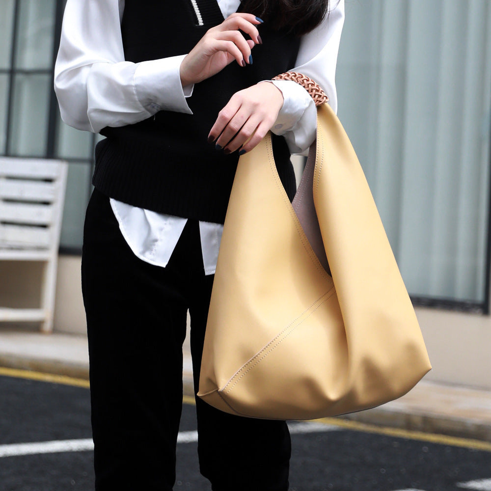 Patchwork Woven Cowhide Underarm Tote Bag for Women Geometric Shoulder Handbag, Niche Versatile Commuter Purse with Minimalist Style