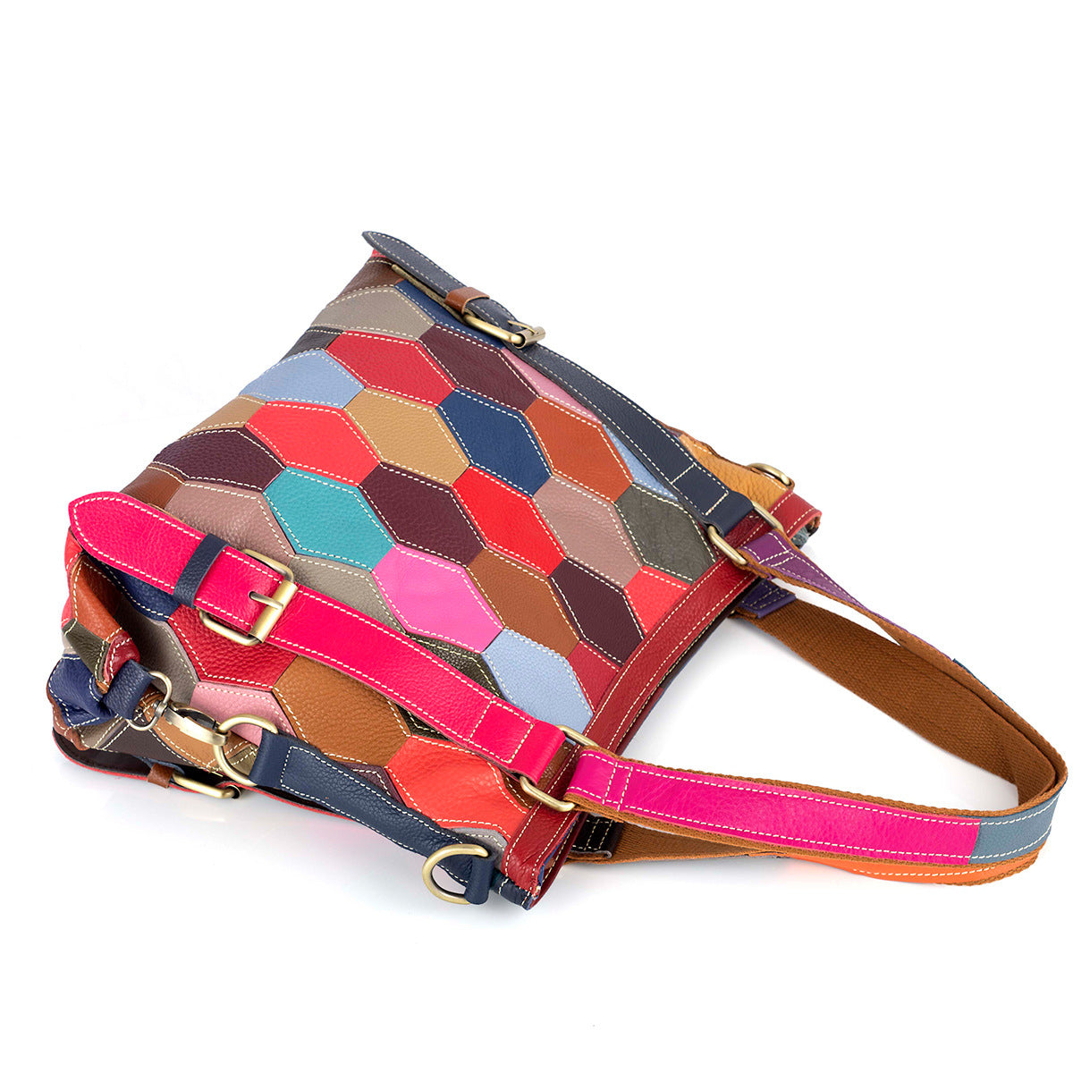 Genuine Leather Multicolor Random Color Block Geometric Patchwork Handbag for Women, Casual Trendy Shoulder Crossbody Tote Purse, Unique Designer Bag for Ladies