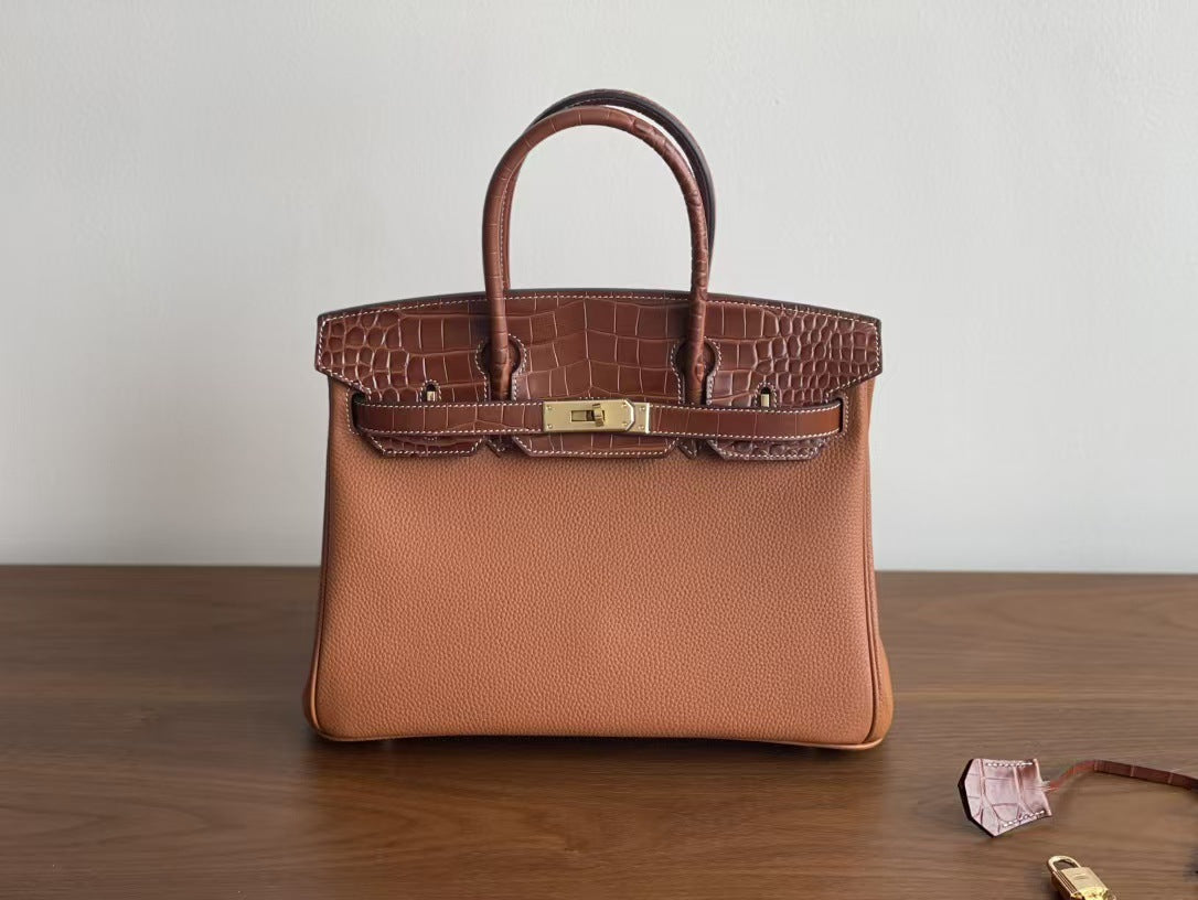 Women's Togo Leather Birkin-Style Tote Bag, Hermès-Inspired Crocodile-Embossed Top-Handle Handbag with Premium Top-Layer Cowhide, Luxe Spacious Satchel for Work & Travel, New Arrival