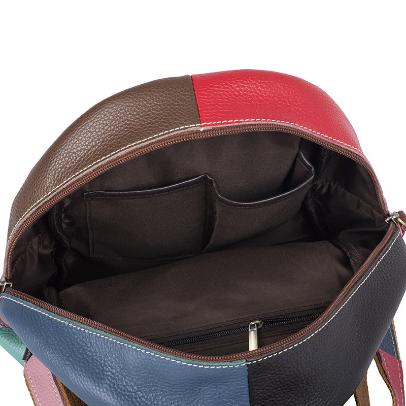 Genuine Cowhide Ethnic Colorful Diamond Quilted Patchwork Backpack for Women, Casual Trendy Handmade Shoulder Bag with Multi-Zipper Design, Travel Daypack for Ladies