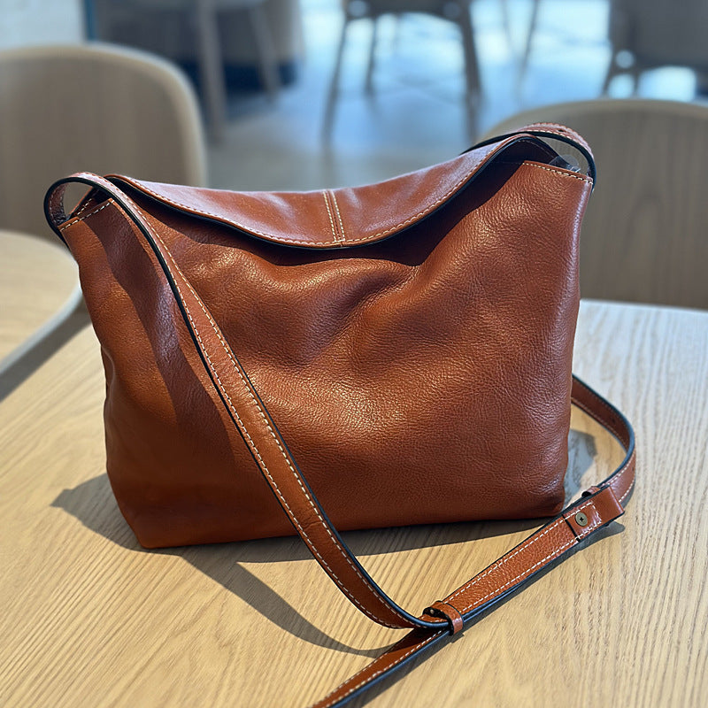 Genuine Vegetable-Tanned Cowhide Bag for Women, New Summer Minimalist Crossbody Purse, Vintage Large Capacity Commute Shoulder Handbag for Ladies
