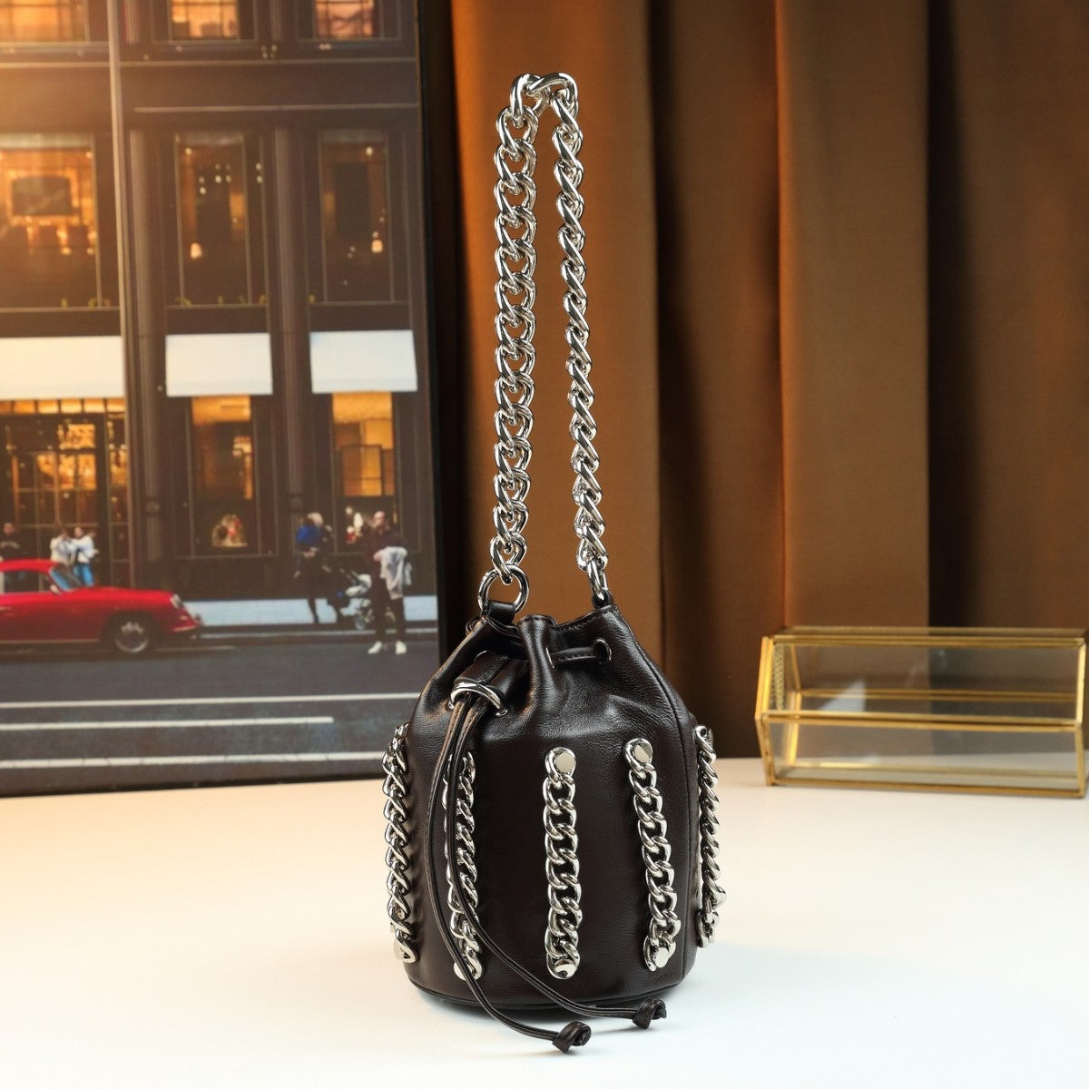 Top Layer Cowhide Drawstring Bucket Bag for Women Chain Shoulder Crossbody Handbag, Trendy Versatile Purse with Small Cylinder Silhouette