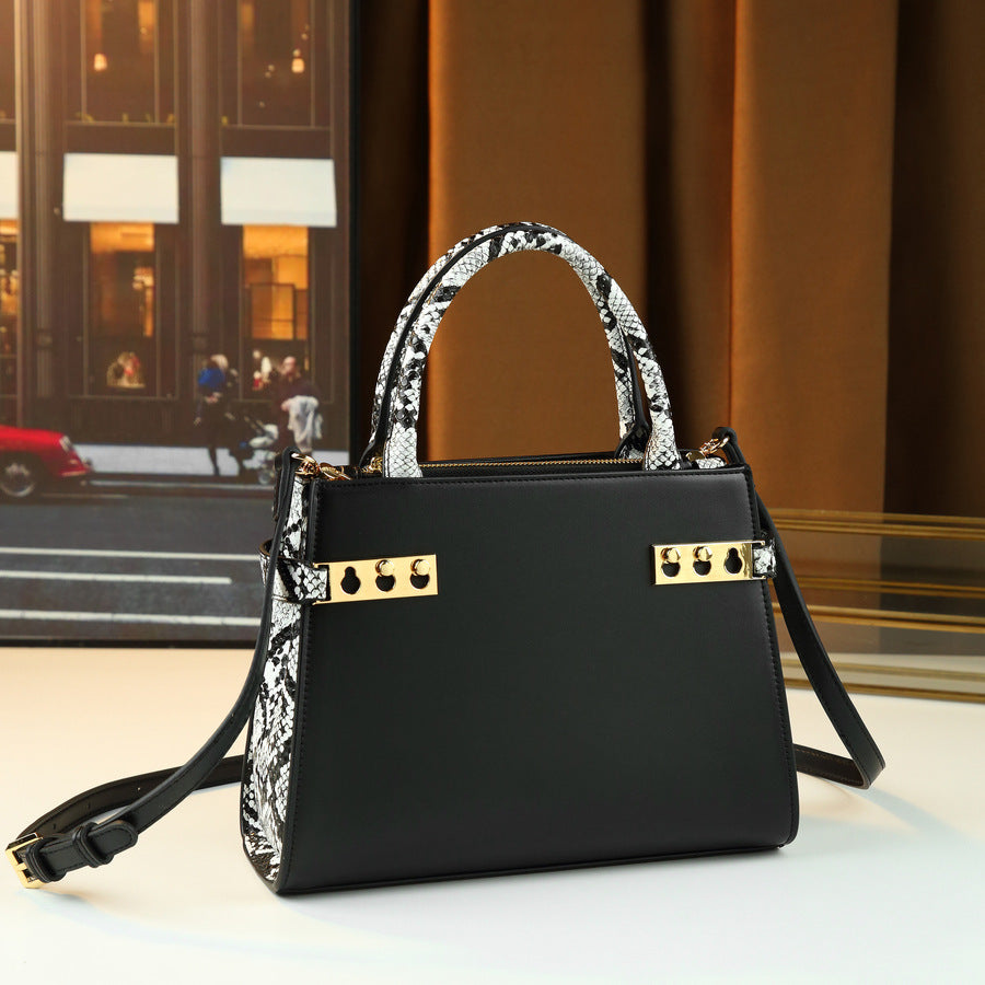 Snakeskin Mini Boston Bag for Women Vintage Lock Clasp Top Handle Shoulder Crossbody Purse, Trendy Exotic Texture Handbag with Creative Clasp Design