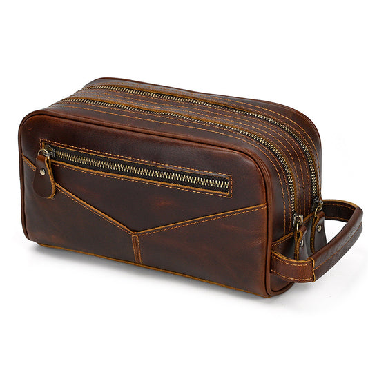 Vintage Crazy Horse Leather Multifunctional Storage Pouch, Casual Toiletry Cosmetic Bag, Versatile Clutch Organizer for Women