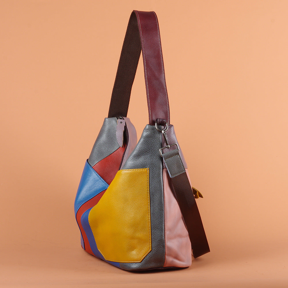 Genuine Top Layer Cowhide Colorful Patchwork Handbag for Women, Handmade Vintage Retro Crossbody Shoulder Purse, Unique Designer Leather Bag for Ladies