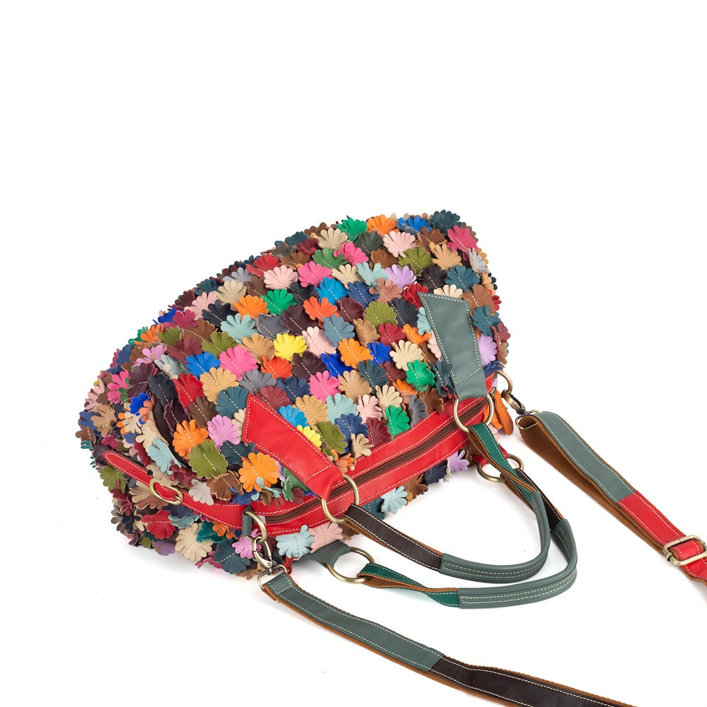 Genuine Leather Handmade Colorful Pattern Bag for Women, New Soft Large Crossbody Shoulder Purse, Trendy Everyday Handbag for Ladies