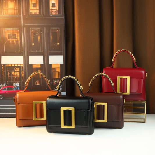 Vintage Mini Square Bag for Women Korean Style Belt Buckle Top Handle Purse, Solid Color Shoulder Crossbody Handbag with Retro Hardware Accent