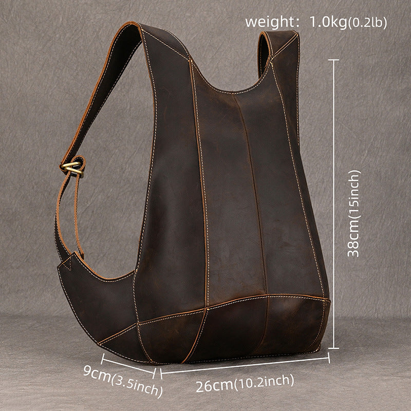 Crazy Horse Leather Vest Style Backpack, Cool Brown Bicycle Sports Daypack, Unique Genuine Cowhide Bag for Men